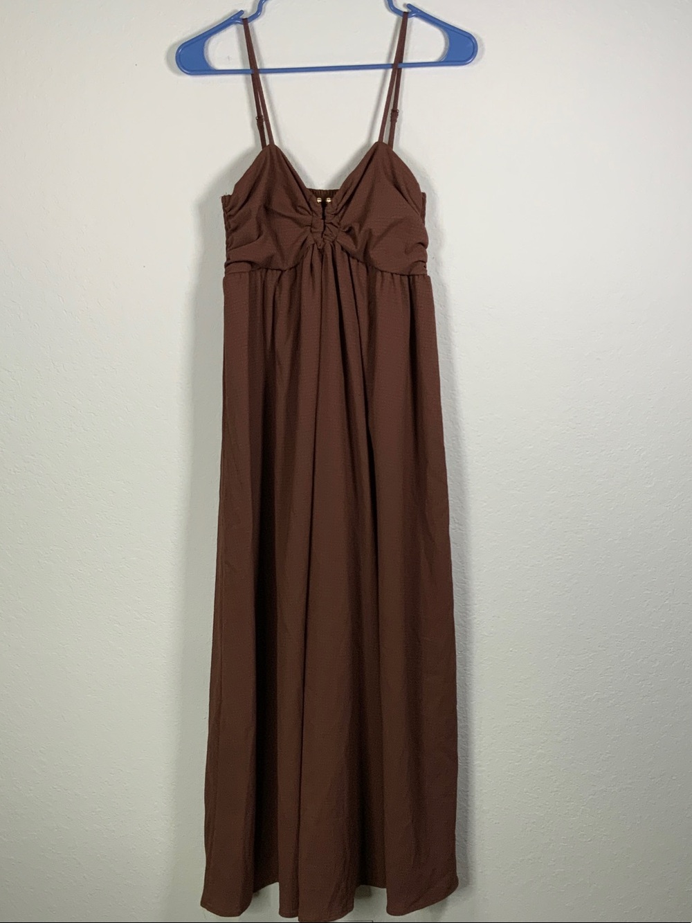 Brown Spaghetti-Strap Maxi Dress w/ Gold Front Accent